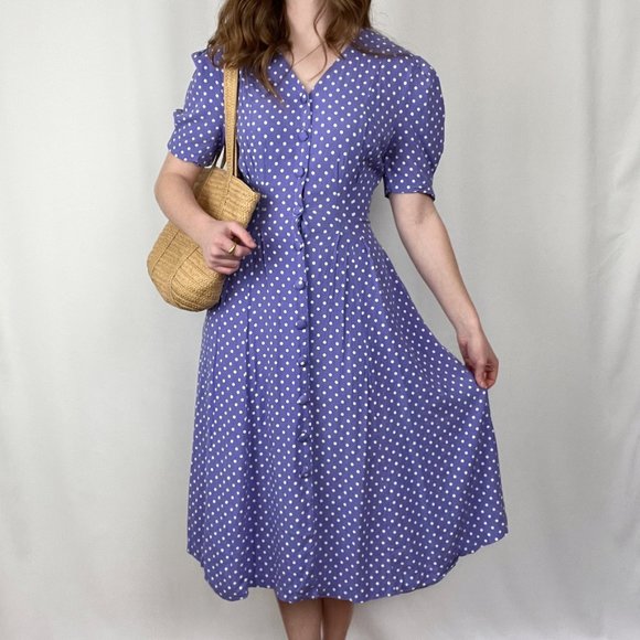 Vintage Cottagecore Puff Sleeve Button Up Pleated Midi Short Sleeve Summer Dress - Picture 6 of 9